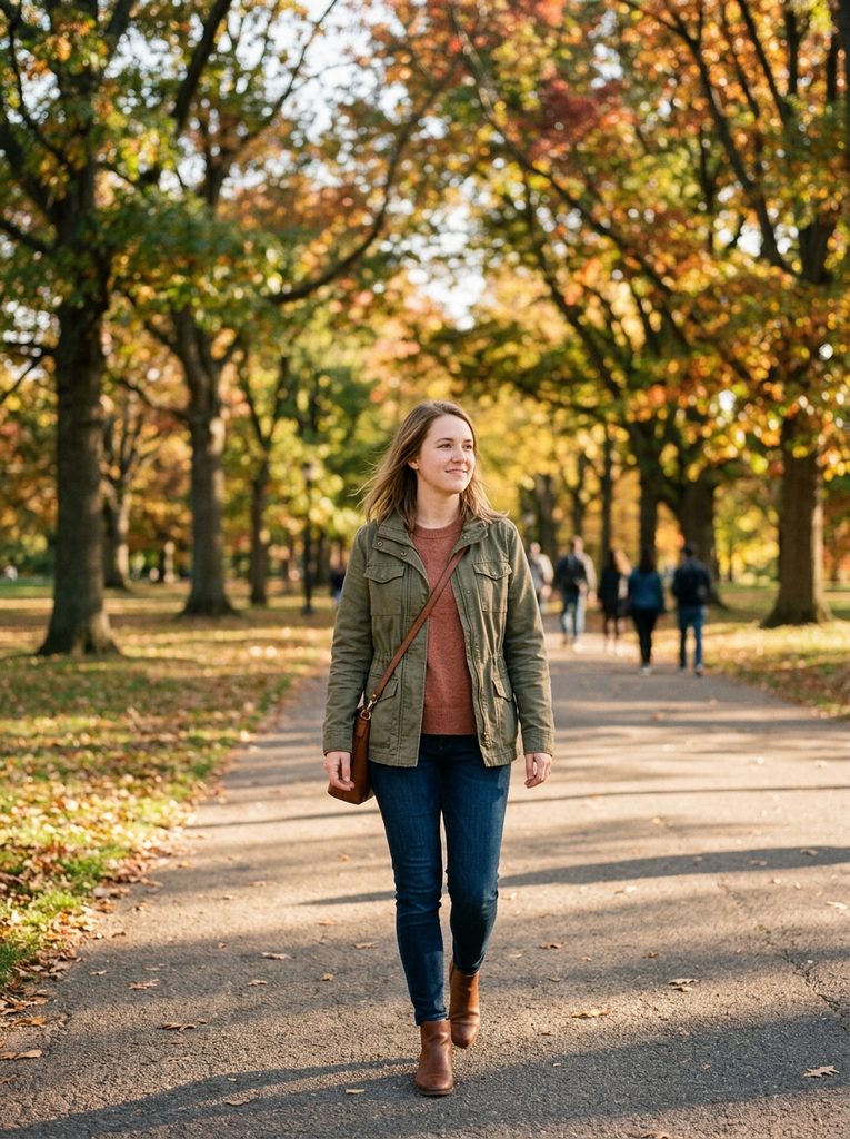 Person wearing a light jacket outdoors during early fall afternoon