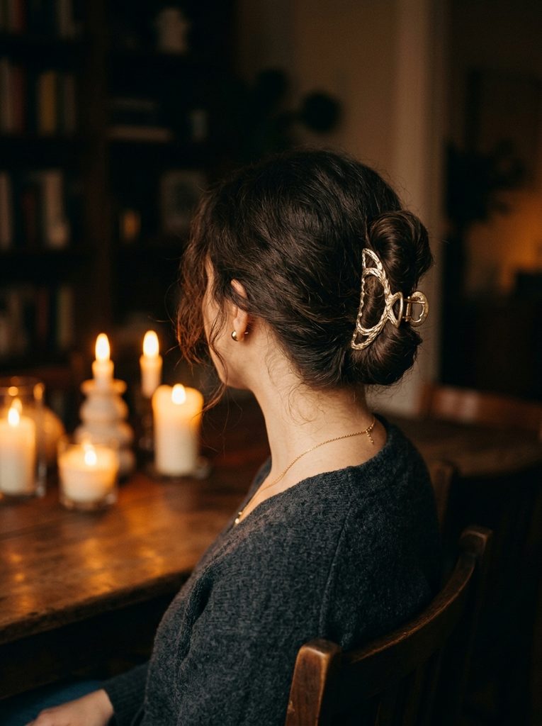 Woman with a low bun secured by a metallic claw clip in candlelight
