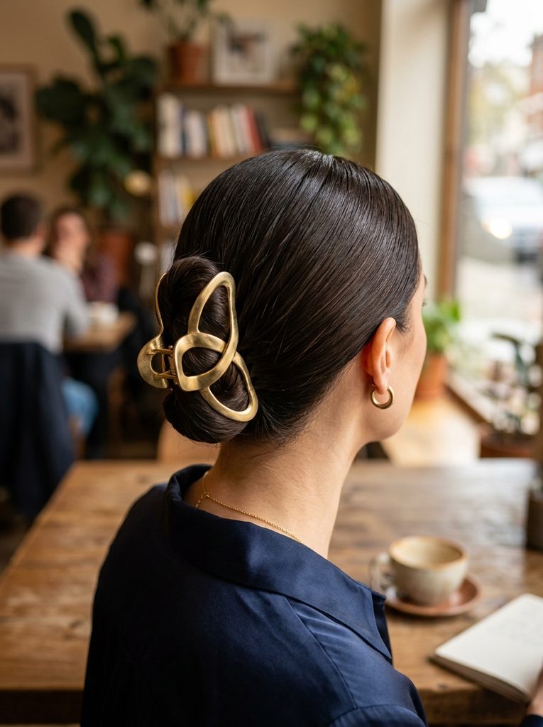 Woman with a sleek low chignon held by a sculptural metal claw clip