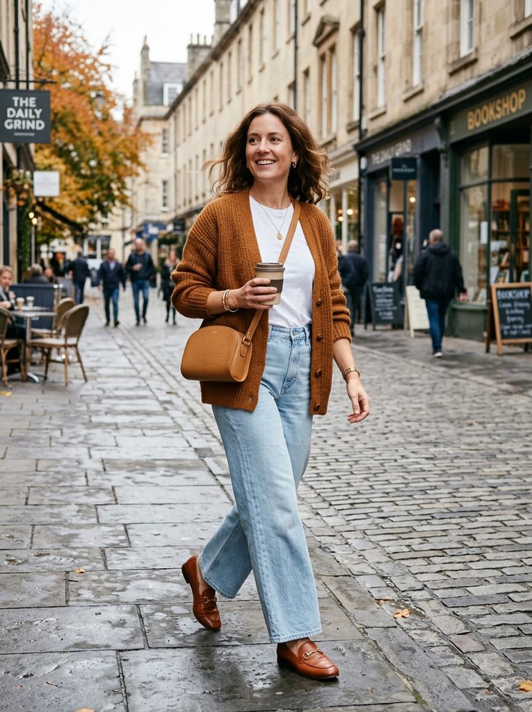 Woman in a tobacco cardigan and light-wash wide-leg jeans with cognac loafers