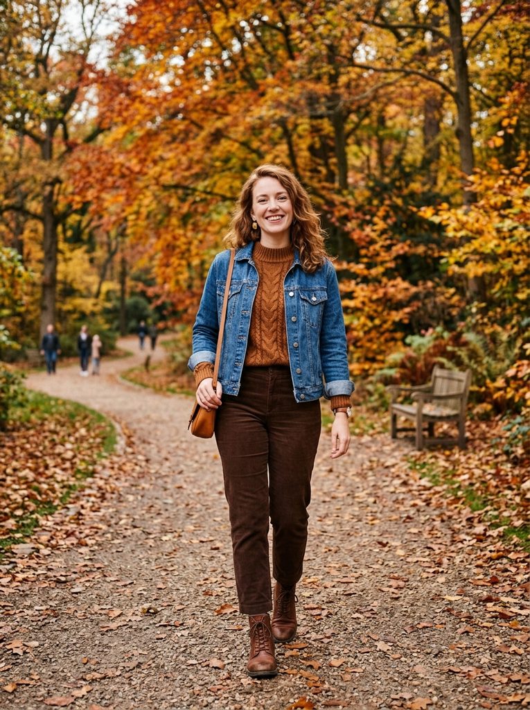 Woman in a tobacco knit, denim jacket, and brown trousers in an autumn park