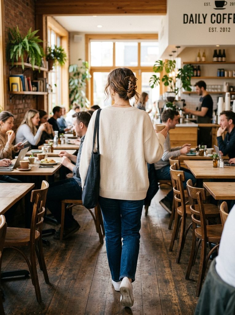 Woman with a loose twisted claw clip at her nape walking through a bright café